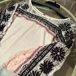 Free People White Blouse with Black Floral Embroidery